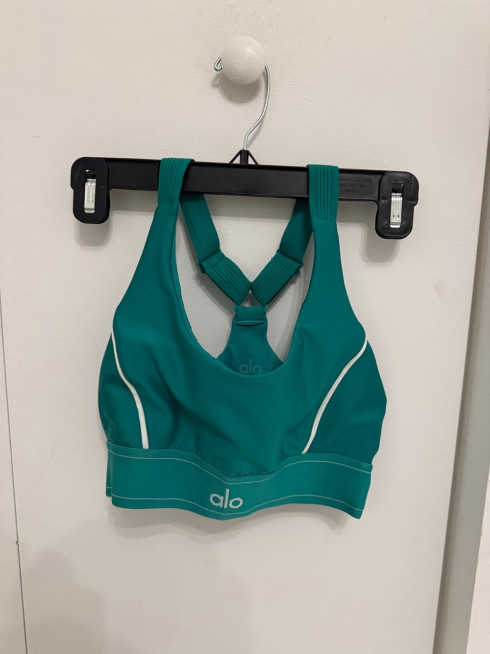 ALO Yoga Teal Green Racerback Sports Bra with White Piping (matching leggings)